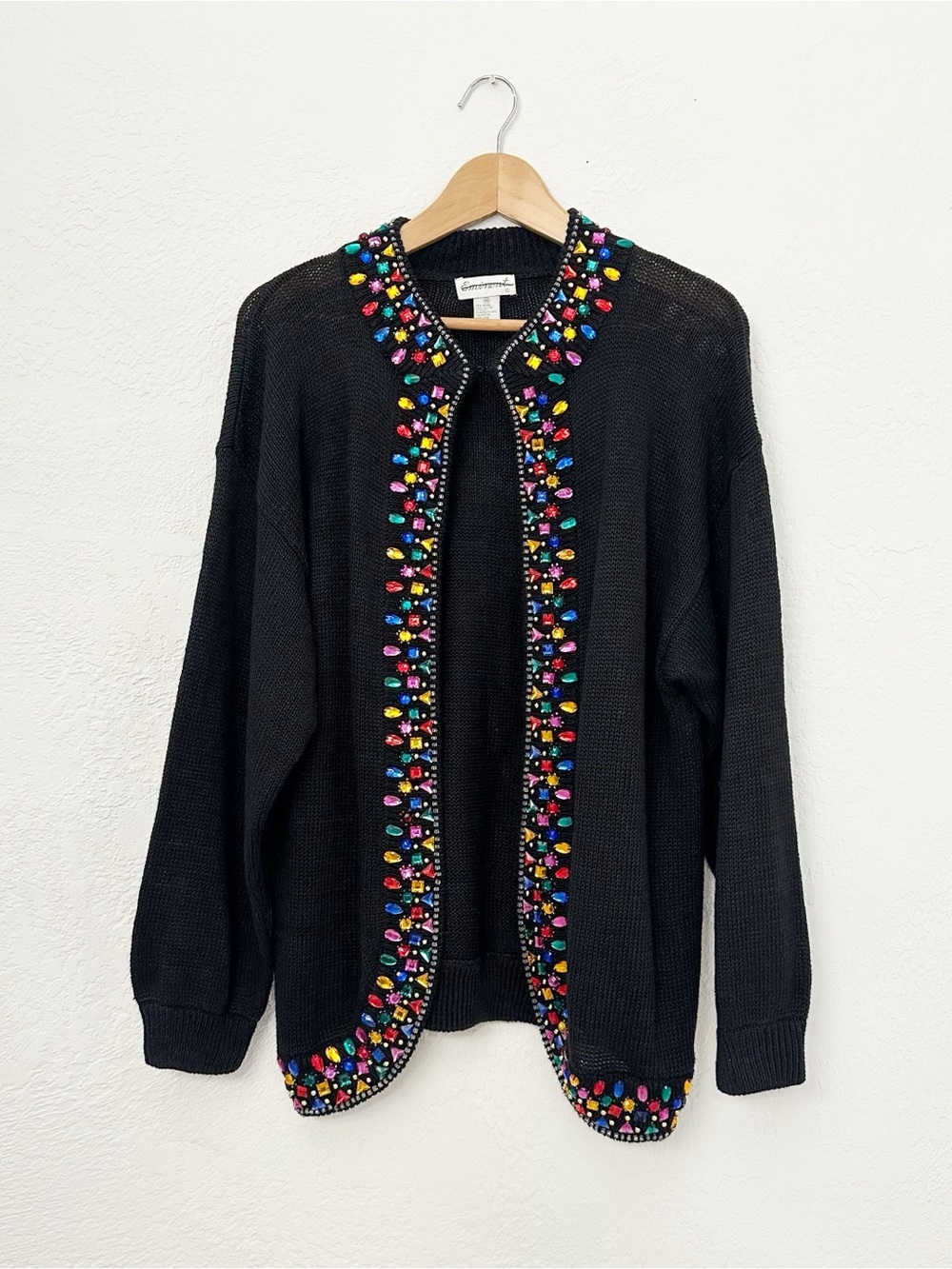 Vintage 80s Eminent Glam Black Multicolor Rhinestone Knit Cardigan Sweater